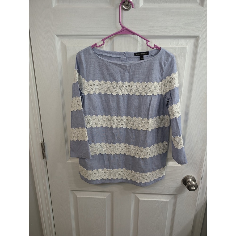 Banana Republic Blouse Womens Blue White Lace Trim Boat Neck 3/4 Sleeve - Size S